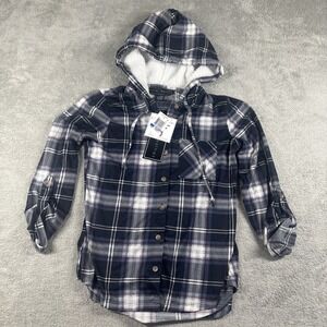 Polly & Esther Women's Flannel Sherpa Hoodie Jacket Multi Plaid Button XS New